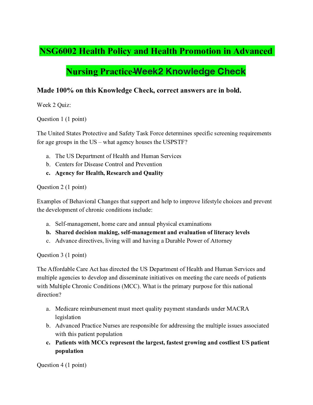 Preview of NSG6002 Health Policy and Health Promotion in Advanced Nursing Practice-Week2 Knowledge Ch